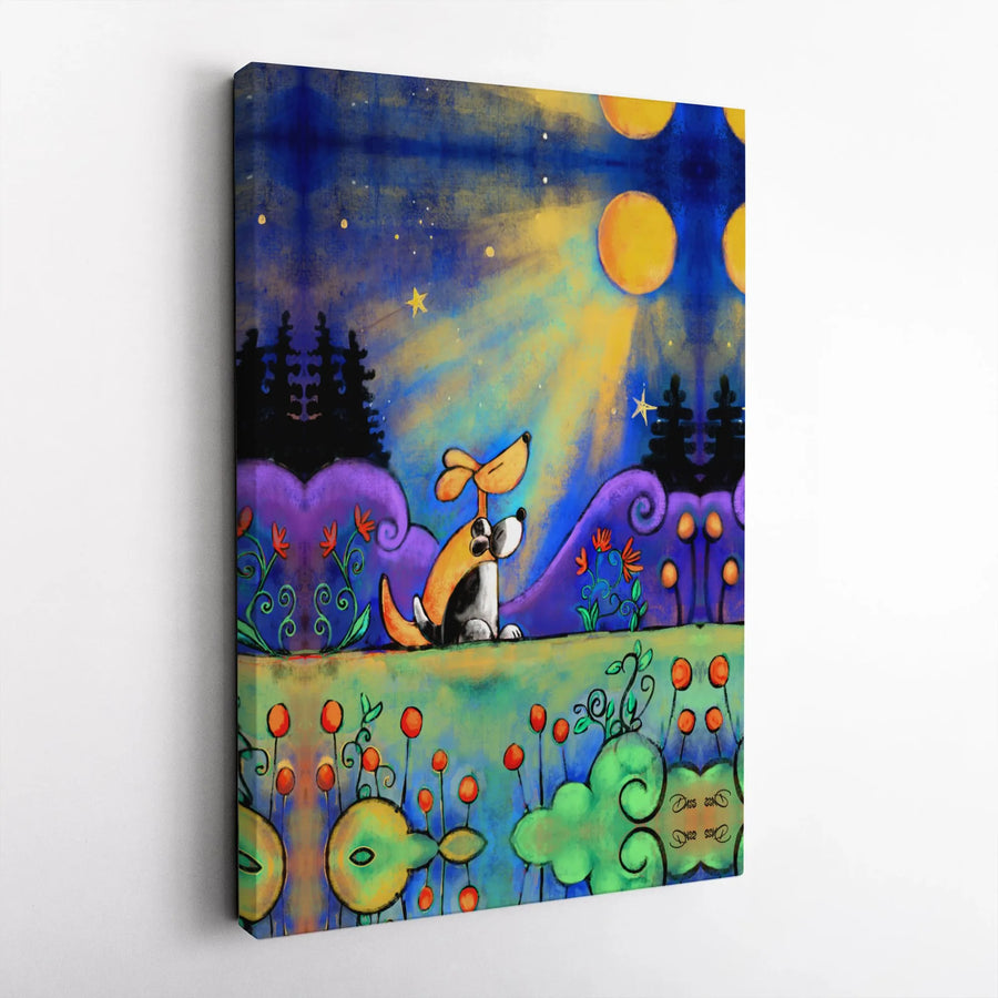 Dog Lovers Canvas Wall Art | Whimsical Night Sky Cartoon Illustration | Premium 1.25-Inch Gallery Wrap | Cute Gift for Pet Owners