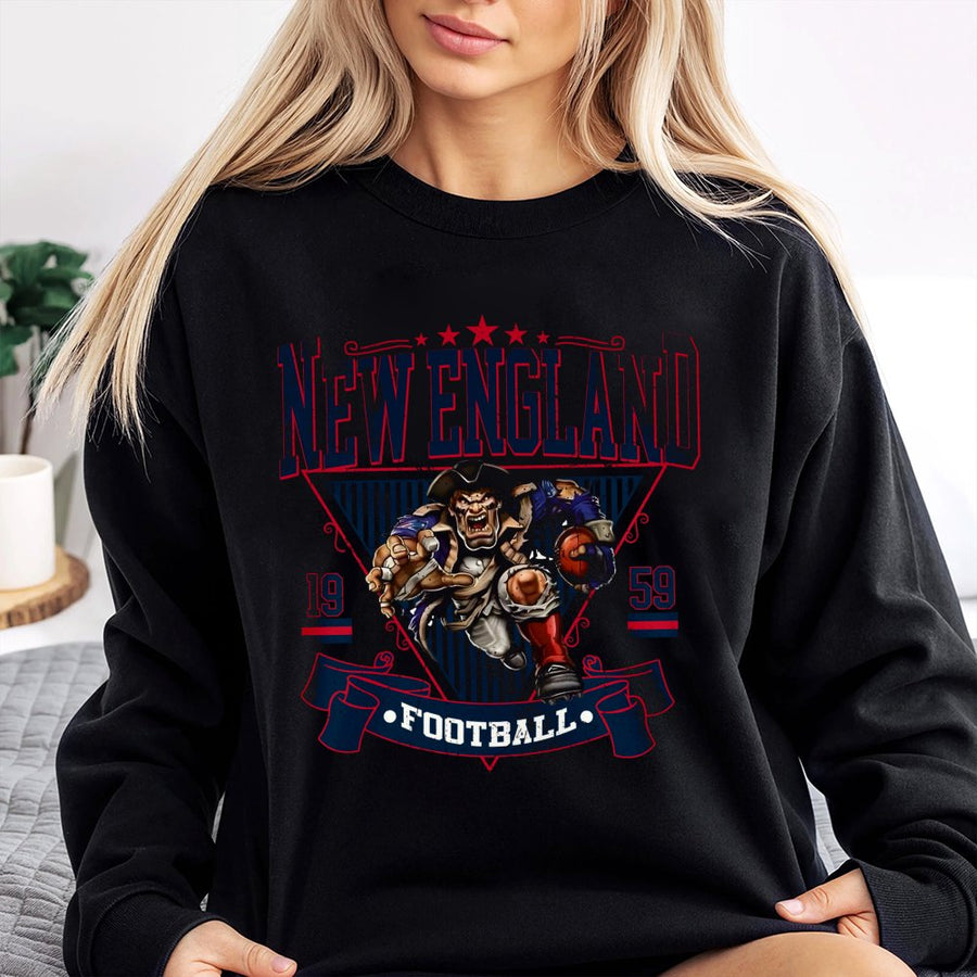 New England 1959 Football With Aggressive Patriot Mascot Sweatshirt