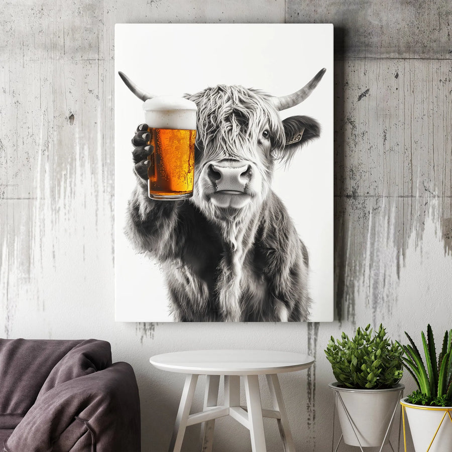 Highland Cow Beer Canvas Wall Art | Funny Farmhouse Animal Portrait | Premium Fade-Resistant Print | Unique Pub Decor Gift For Him