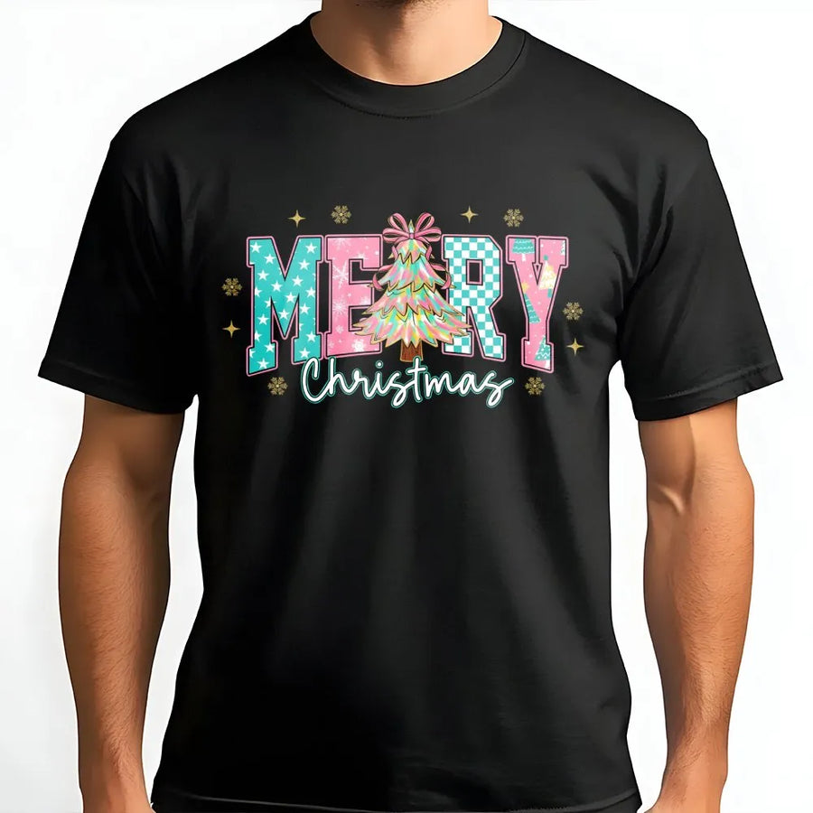 Merry Christmas T-Shirt | Coquette Aesthetic Pink Tree & Checkered Print | Premium Soft Cotton Holiday Tee | Cute Gift for Her & Christmas Lover