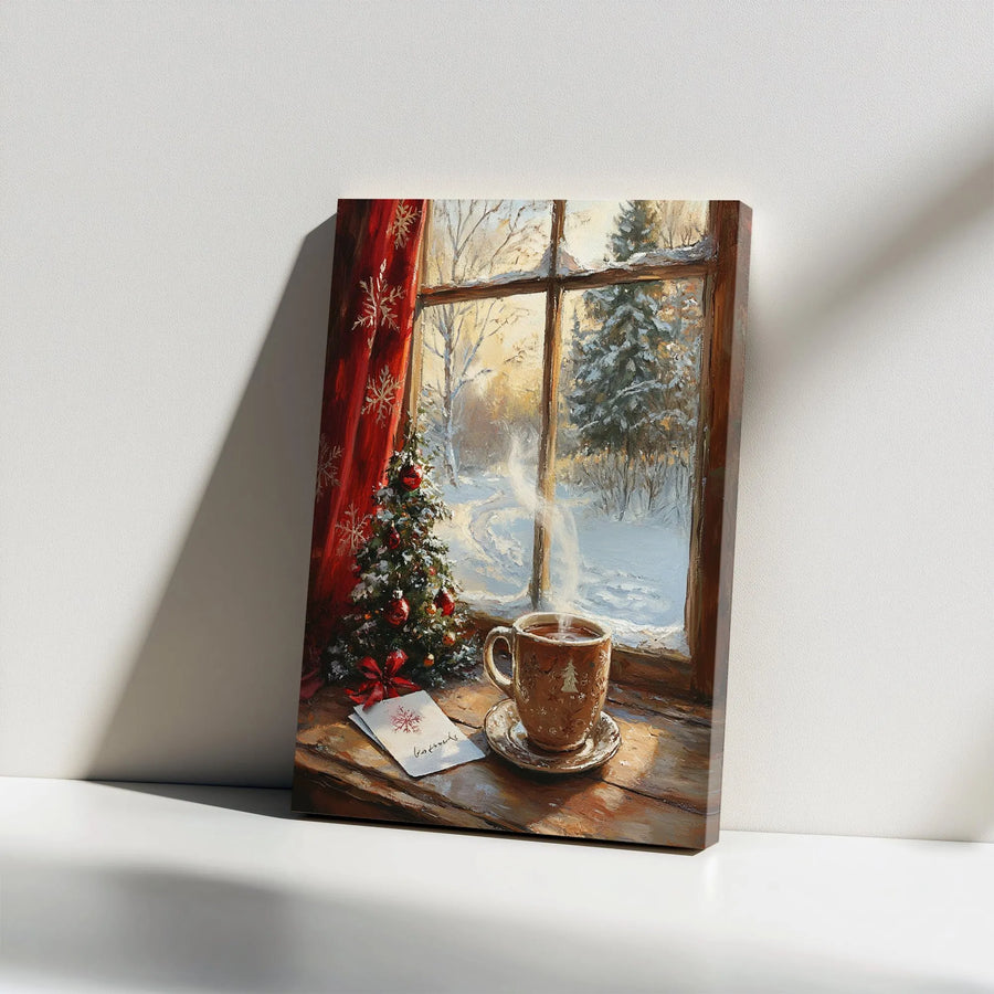 Cozy Christmas Canvas Wall Art | Snowy Window View With Coffee Mug and Holiday Tree | Premium 1.25 inch Gallery Wrap | Festive Seasonal Decor Gift