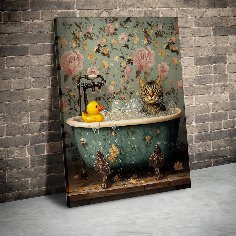 Funny Cat in Bathtub Canvas Art | Whimsical Bathroom Scene with Rubber Duck | Premium Gallery Wrap Print | Bathroom Decor Gift for Cat Lovers