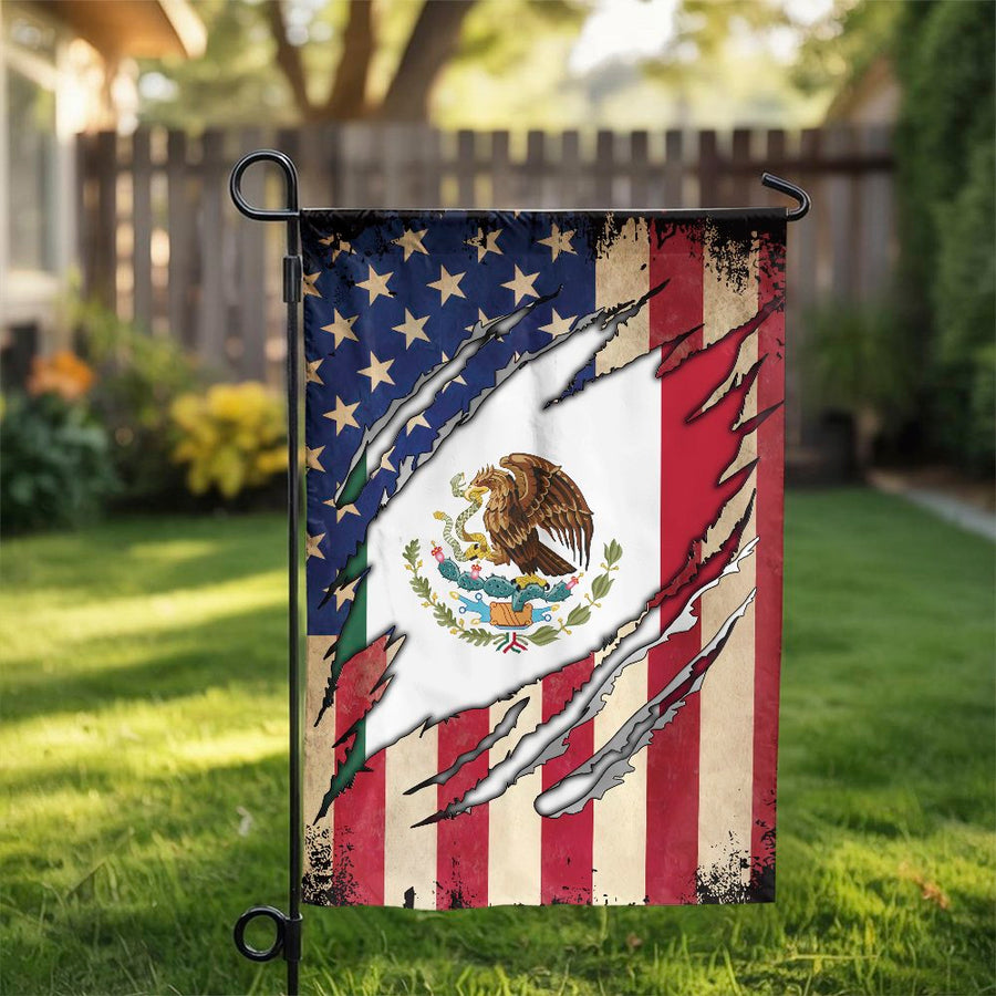 Mexican American Flag Garden Flag | Ripped USA Mexico Dual Heritage Design | Weather-Resistant Polyester | Patriotic Gift for Dual Citizen Home