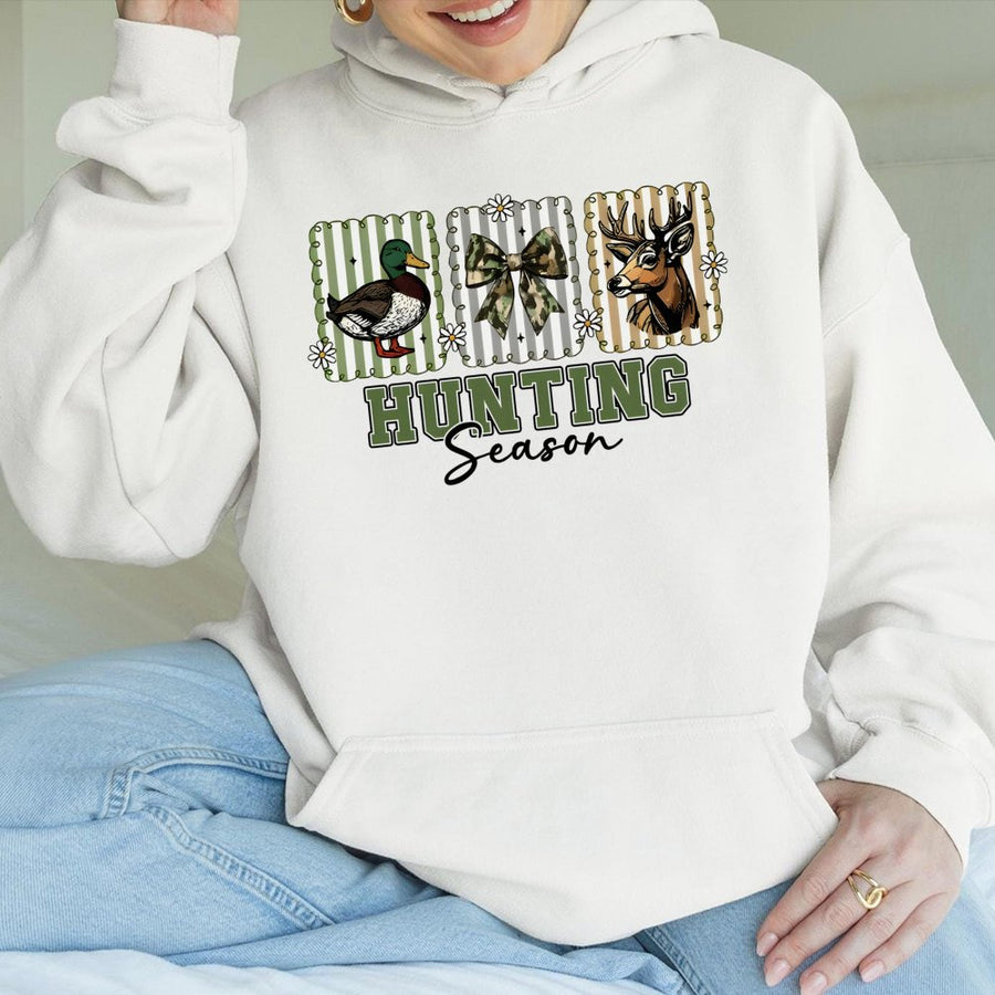 Hunting Season Hoodie | Preppy Camo Bow Deer and Duck Graphic | Soft Cotton-Blend Premium Sweatshirt | Fall Outdoor Lifestyle Gift for Women