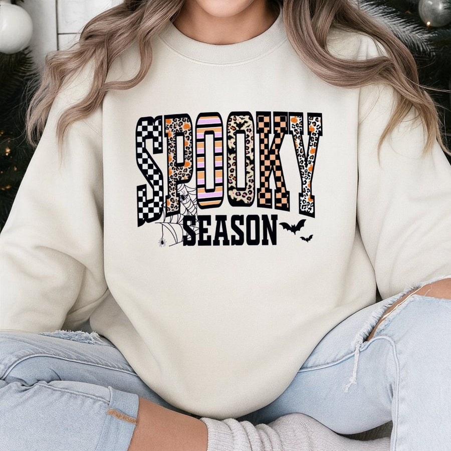 Spooky Season Sweatshirt | Retro Halloween Leopard Print Checkered Design | Premium Cotton Blend Crewneck | Cute Fall Gift for Her
