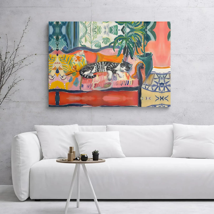 Sleeping Tabby Cat Canvas Print | Colorful Fauvist Home Decor Wall Art | Premium Gallery-Wrapped Stretched Canvas | Artistic Gift for Cat Lovers