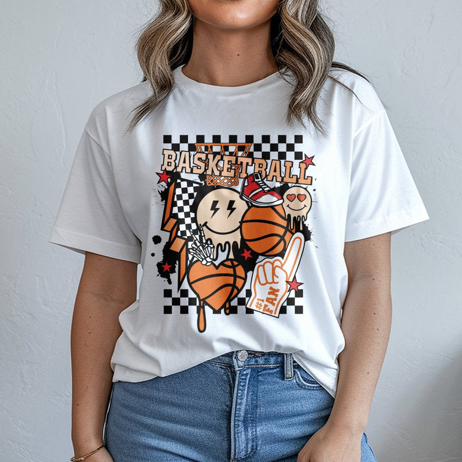 Basketball Graphic T-Shirt | Retro Checkered Sports Design | 100% Soft Cotton Premium Tee | Trendy Gift for Basketball Mom & Sports Fans
