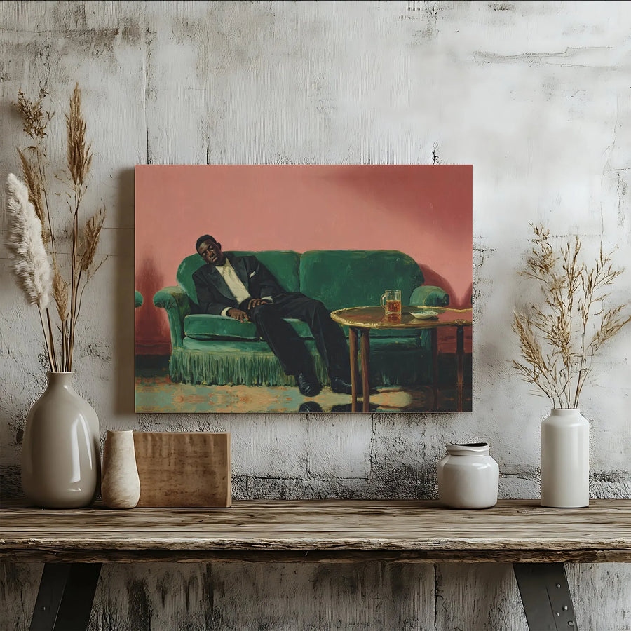 Man Resting on Green Sofa Canvas Art | Mid-Century Modern Moody Oil Painting Print | Gallery-Wrapped Premium Decor | Sophisticated Gift for Men