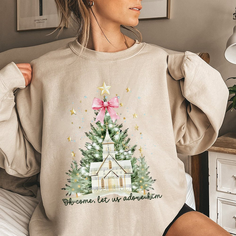Oh Come Let Us Adore Him Sweatshirt | Watercolor Church Christmas Tree Design | Premium Cotton Blend Crewneck | Religious Holiday Gift for Women