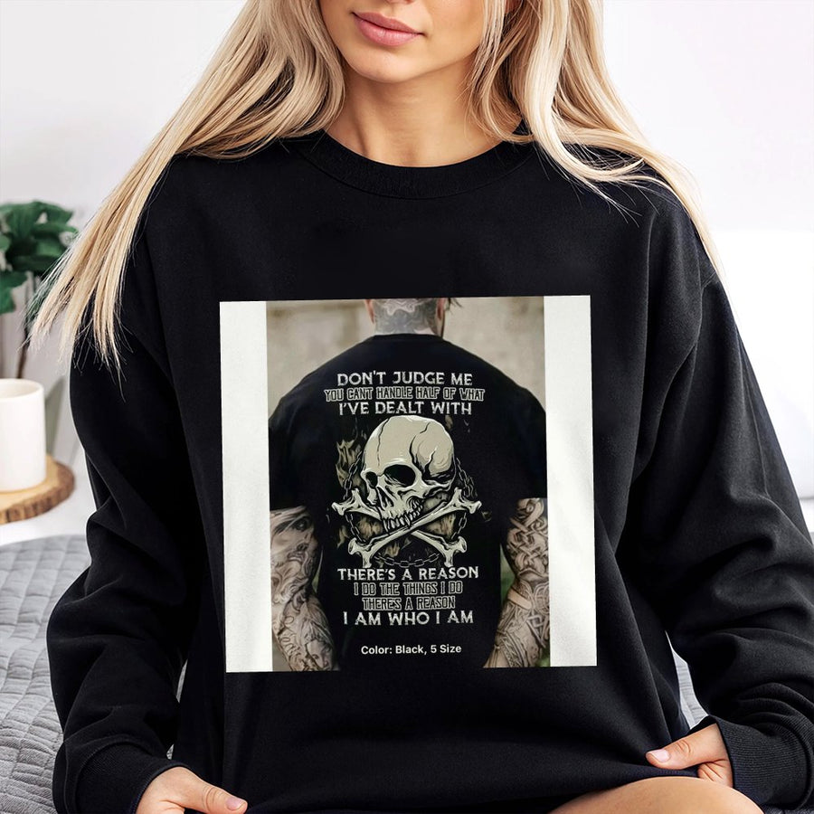 Skull Graphic Sweatshirt | Don't Judge Me Quote Print | Soft Cotton-Blend Crewneck | Edgy Streetwear Gift for Him & Her