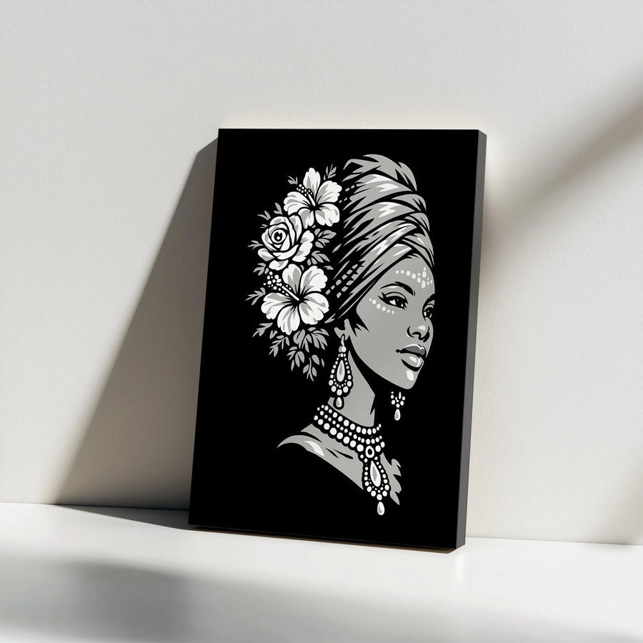 African Woman Canvas Print | Monochrome Floral Headdress Portrait | Premium Fade-Resistant Print | Afrocentric Home Decor Gift