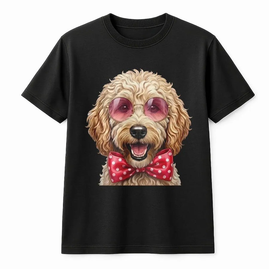 Goldendoodle T-Shirt | Funny Dog with Pink Sunglasses and Bow Tie | 100% Cotton Premium Tee | Cute Doodle Mom Gift for Dog Lovers