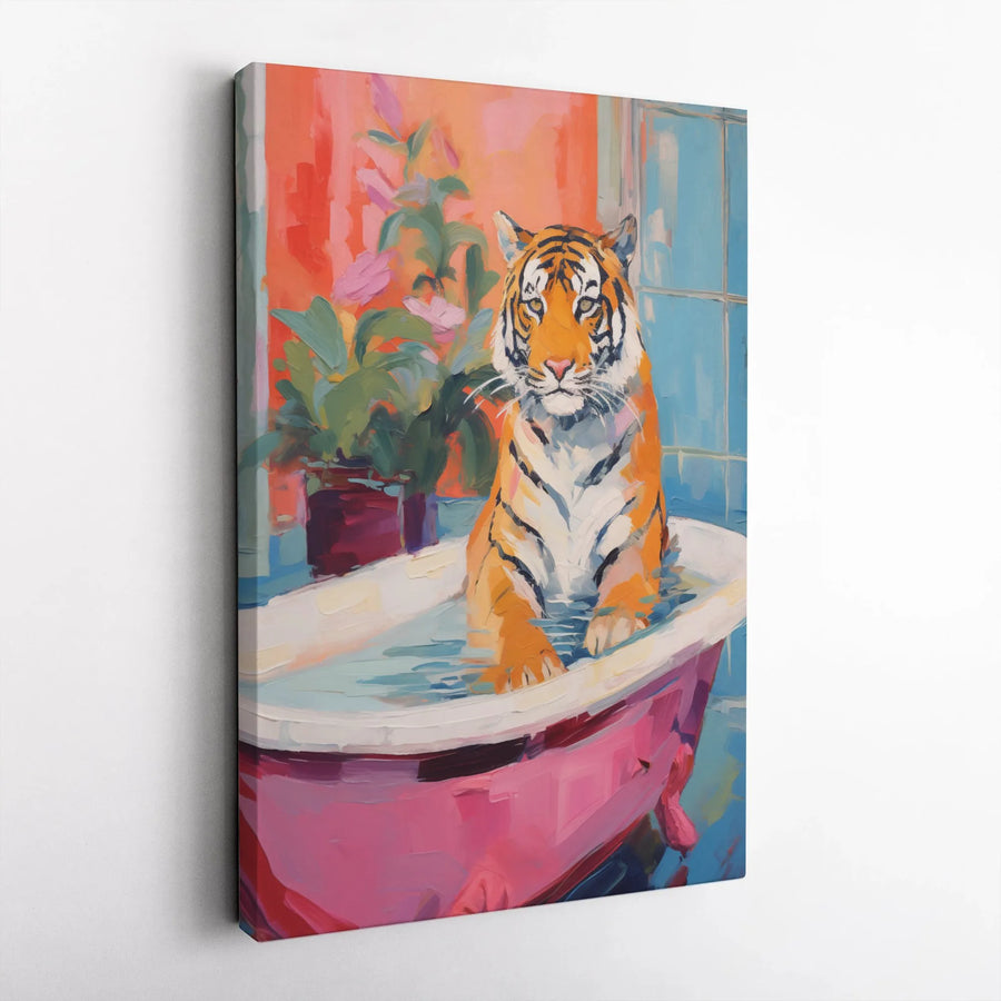 Tiger In Bathtub Wall Art | Whimsical Animal Bathroom Decor Print | Premium Fade-Resistant Canvas | Unique Gift For Animal Lovers