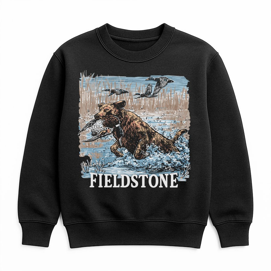 Fieldstone Hunting Dog Sweatshirt | Duck Retrieval Graphic Art | Premium Cotton Blend Crewneck | Outdoor Waterfowl Gift for Hunters