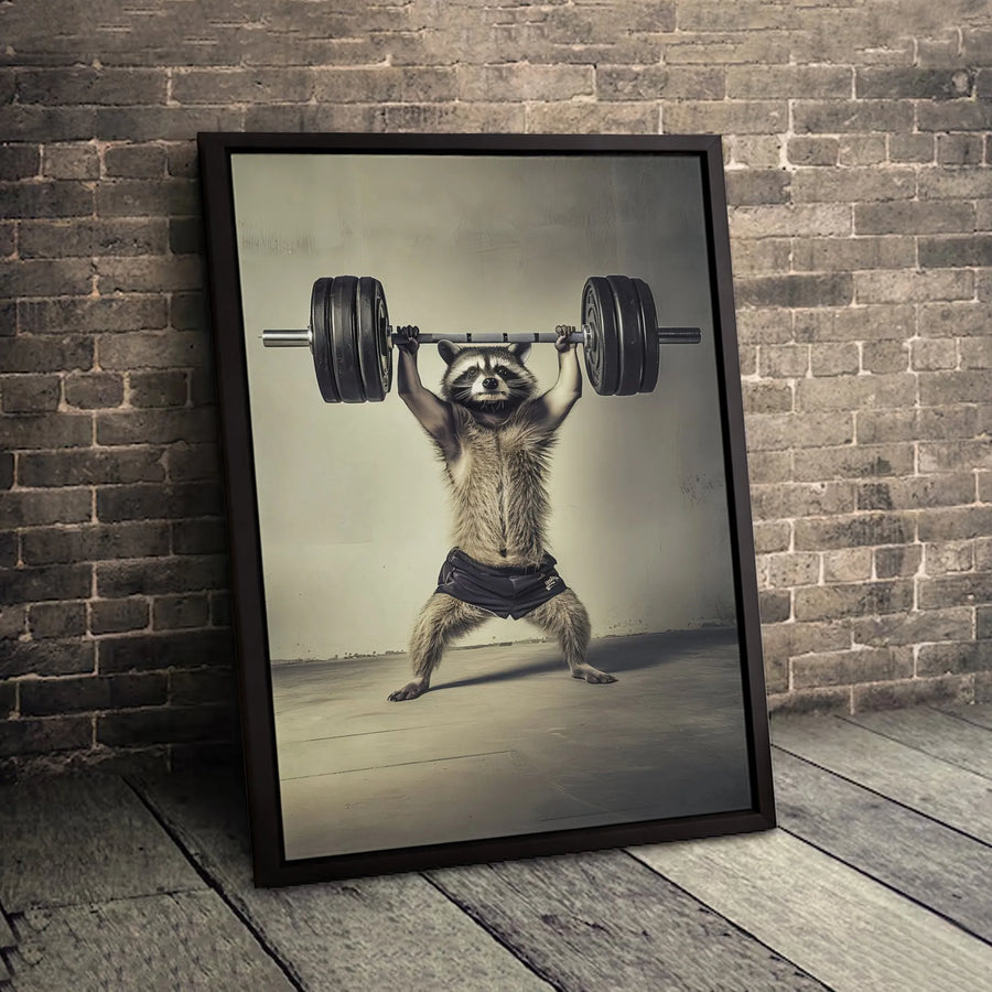 Weightlifting Raccoon Canvas Wall Art | Funny Gym Motivation Decor | Premium Gallery Wrap Print | Gift for Powerlifter or Bodybuilder