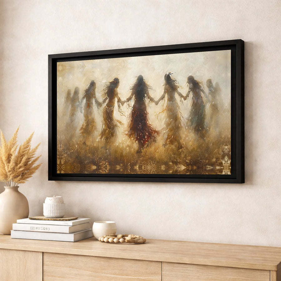 Dancing Women Circle Canvas Art | Ethereal Impressionist Silhouette Wall Decor | Premium 1.25" Gallery Wrap | Gift for Art Lovers
