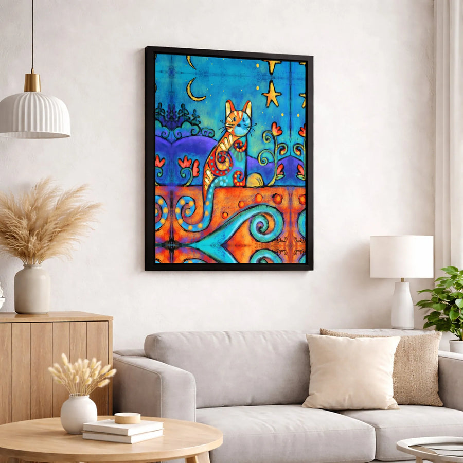 Whimsical Cat Wall Art | Colorful Folk Art Style Canvas Print | Premium Gallery-Wrapped Decor | Gift for Cat Lovers