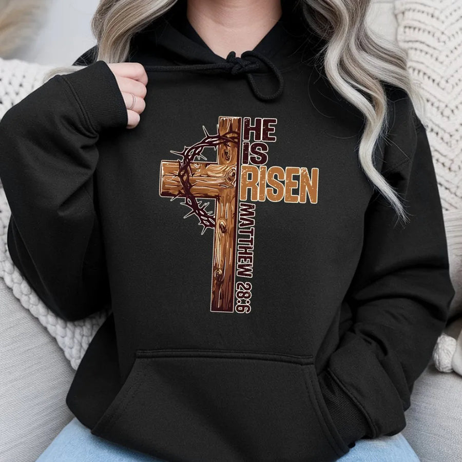 He Is Risen Hoodie | Crown of Thorns Cross Matthew 28:6 Graphic | Premium Cotton Blend | Religious Easter Gift for Men and Women