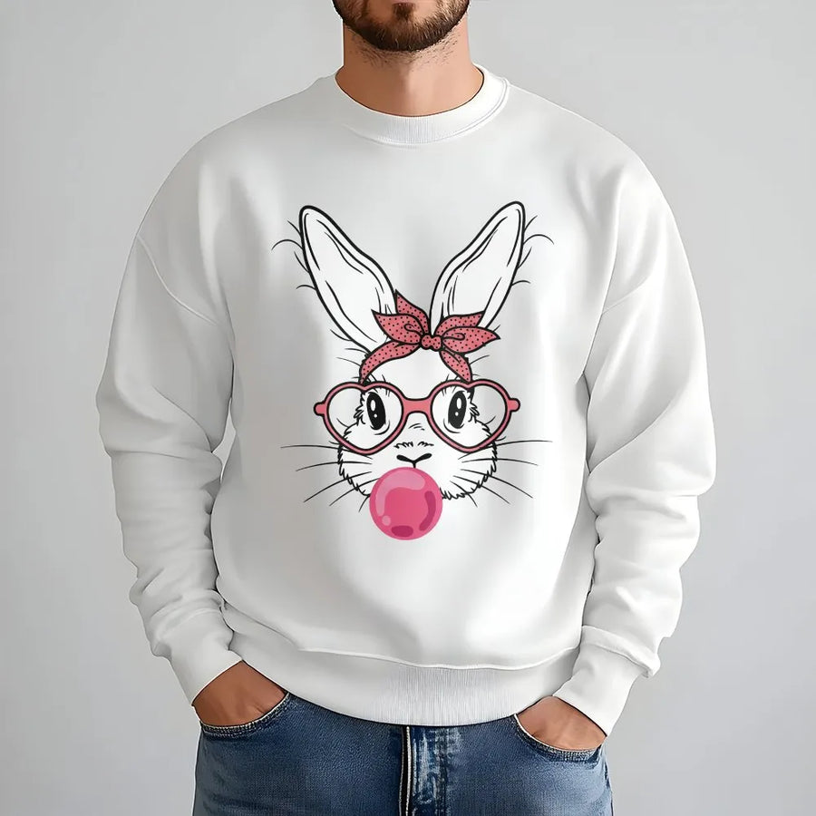 Easter Bunny Sweatshirt | Bubble Gum Cute Rabbit With Heart Glasses | Premium Cotton Blend Crewneck | Fun Spring Holiday Gift For Women And Kids
