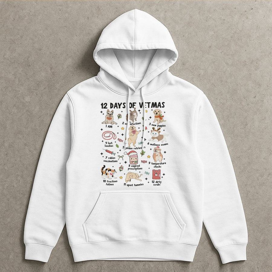 12 Days Of Vetmas Hoodie | Funny Veterinary Technician Christmas Graphic | Premium Cotton Blend Sweatshirt | Gift For Veterinarian Vet Staff