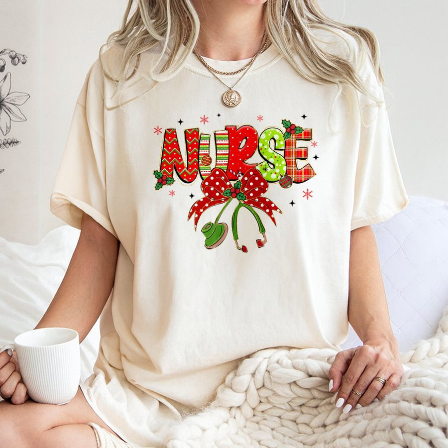 Christmas Nurse T-Shirt | Festive Plaid Stethoscope Graphic | 100% Cotton Premium Tee | Unique Holiday Gift for RN LPN Nursing Students
