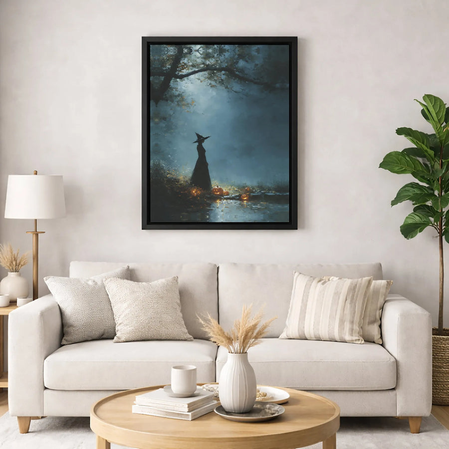 Halloween Witch Canvas Wall Art | Dark Forest Jack-O'-Lantern Decor | Premium 1.25" Gallery Wrap | Spooky Seasonal Home Gift