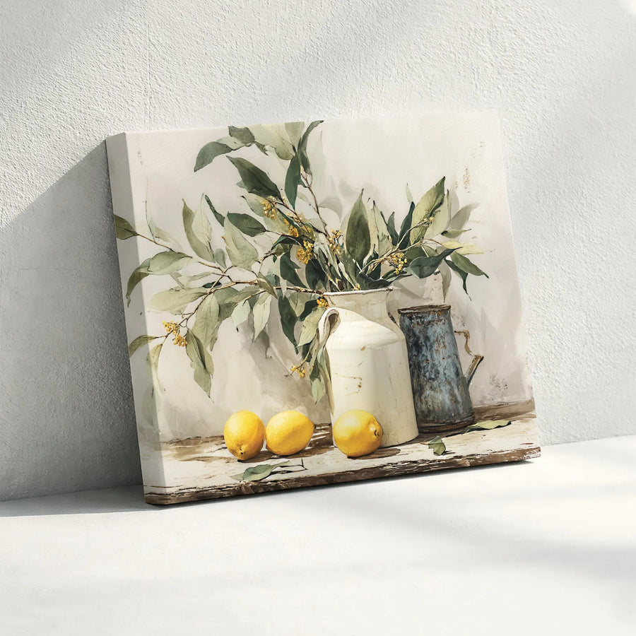 Lemon Still Life Canvas Wall Art | Rustic Farmhouse Painting Print | Premium Gallery Wrapped Canvas | Kitchen & Dining Room Decor