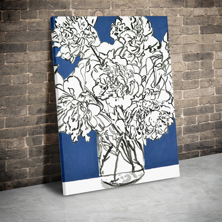 Abstract Floral Canvas Art | Blue and White Peony Sketch | Premium 1.25" Thick Gallery Print | Modern Botanical Home Decor Gift