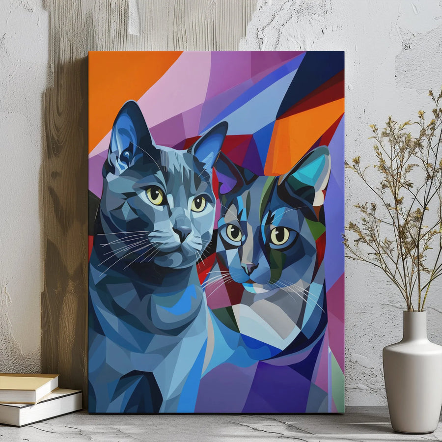 Two Grey Cats Canvas Print | Colorful Geometric Pop Art Portrait | 1.25 Inch Gallery Wrap | Unique Cat Lover Gift Wall Decor