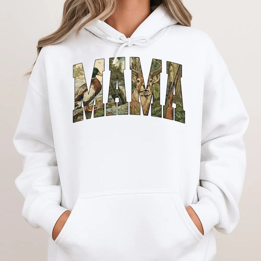 Hunting Mama Hoodie | Retro Camo Varsity Graphic | Soft Cotton Blend | Mother's Day Gift For Hunter Mom