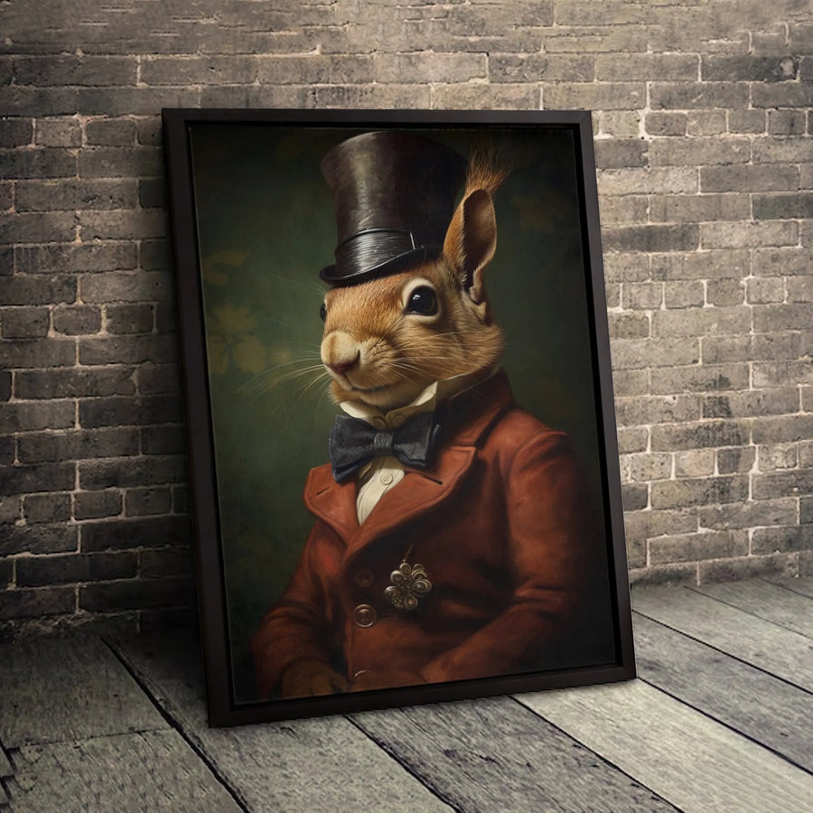 Gentleman Squirrel Wall Art | Victorian Portrait with Top Hat and Bow Tie | Premium 1.25" Gallery Canvas | Quirky Animal Decor for Office or Home