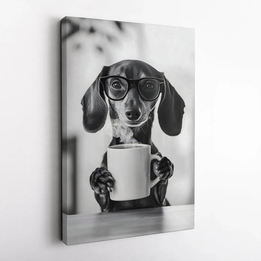 Dachshund Coffee Lover Wall Art | Funny Dog With Glasses Portrait | Premium 1.25" Thick Gallery Canvas | Modern Home Office Decor Gift