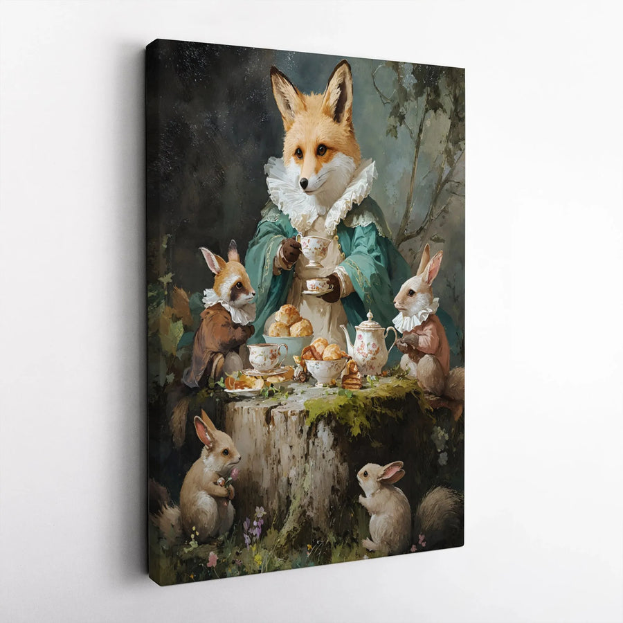 Anthropomorphic Fox Tea Party Canvas Print | Vintage Woodland Animal Nursery Decor | Gallery Wrap Wall Art | Whimsical Cottagecore Gift for Kids