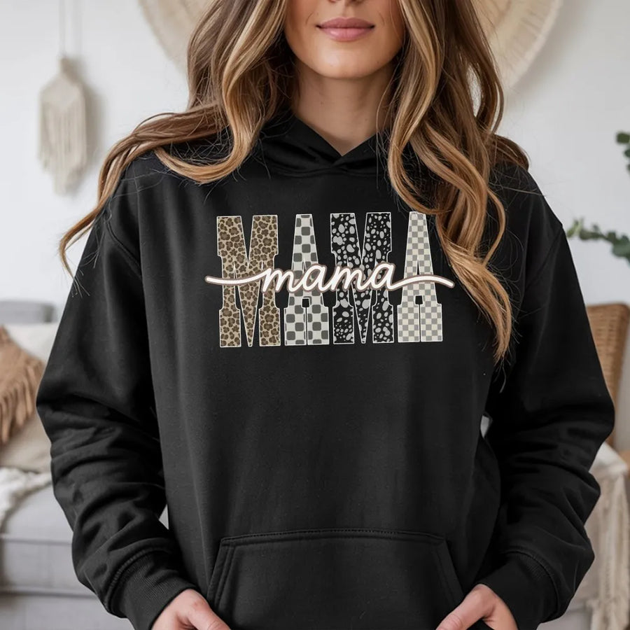Checkered Mama Hoodie | Retro Leopard Print Block Letter Design | Soft Cotton Blend Sweatshirt | Mother's Day Gift for Mom