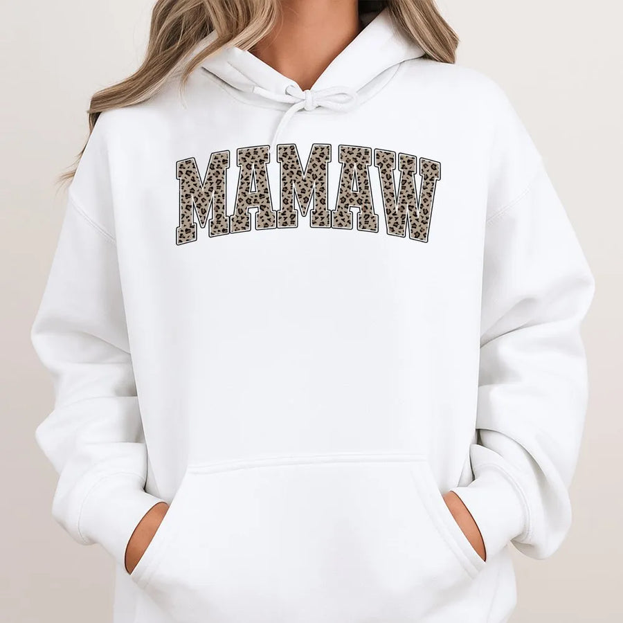 Mamaw Hoodie | Leopard Print Collegiate Letters | Soft Cozy Crewneck Pullover | Gift for Grandma, Mother's Day Gift