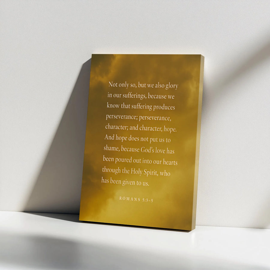 Romans 5:3-5 Bible Verse Canvas Wall Art | Inspirational Scripture Gold Cloud Design | Premium Gallery-Wrap | Christian Home Decor & Religious Gift