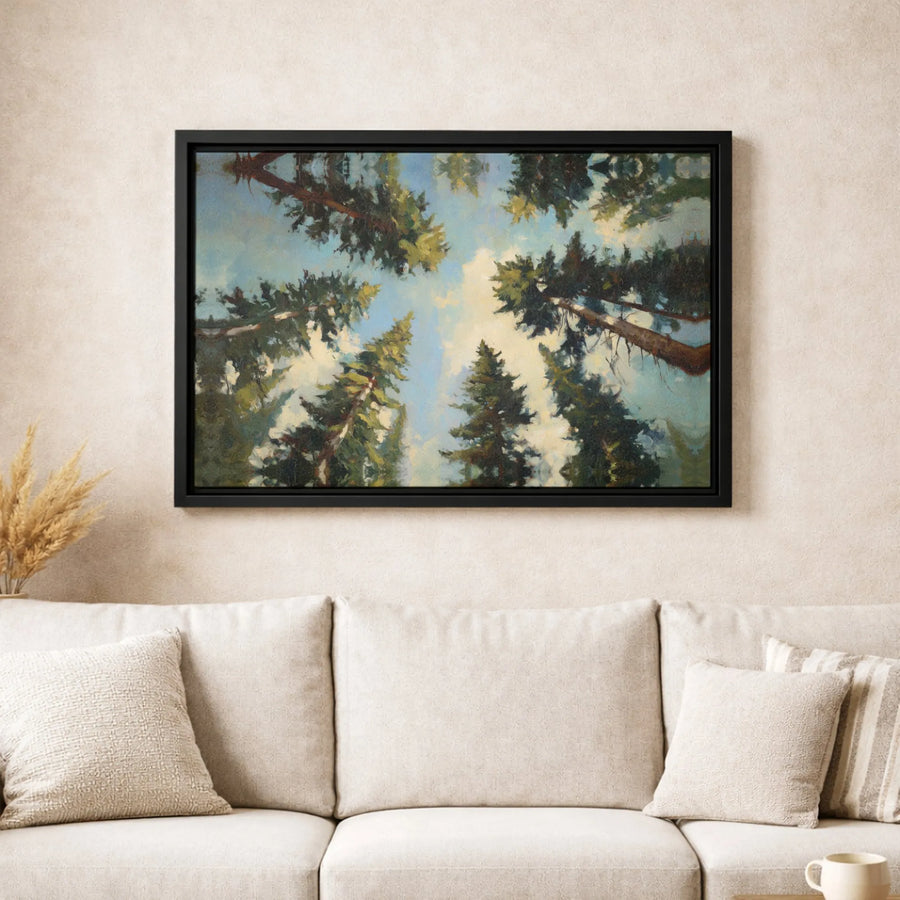 Pine Forest Canvas Wall Art | Impressionist Looking Up Forest View | Premium Gallery Wrap Print | Nature Decor For Home Or Office