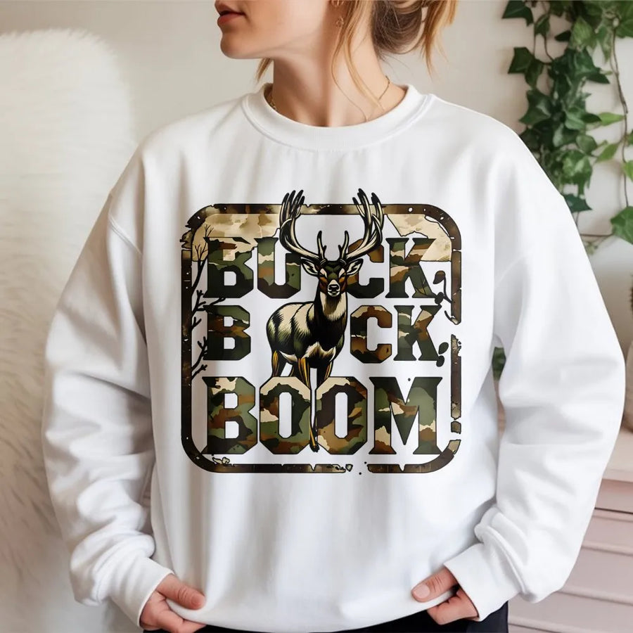 Buck Buck Boom Hunting Sweatshirt | Camo Deer Antler Graphic Design | Premium Cotton Blend | Gift for Outdoorsmen and Deer Hunters