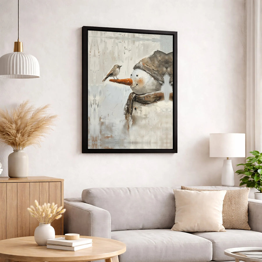 Snowman Canvas Wall Art | Whimsical Bird on Carrot Nose Print | Premium Fade-Resistant Gallery Wrap | Festive Winter Holiday Home Decor Gift
