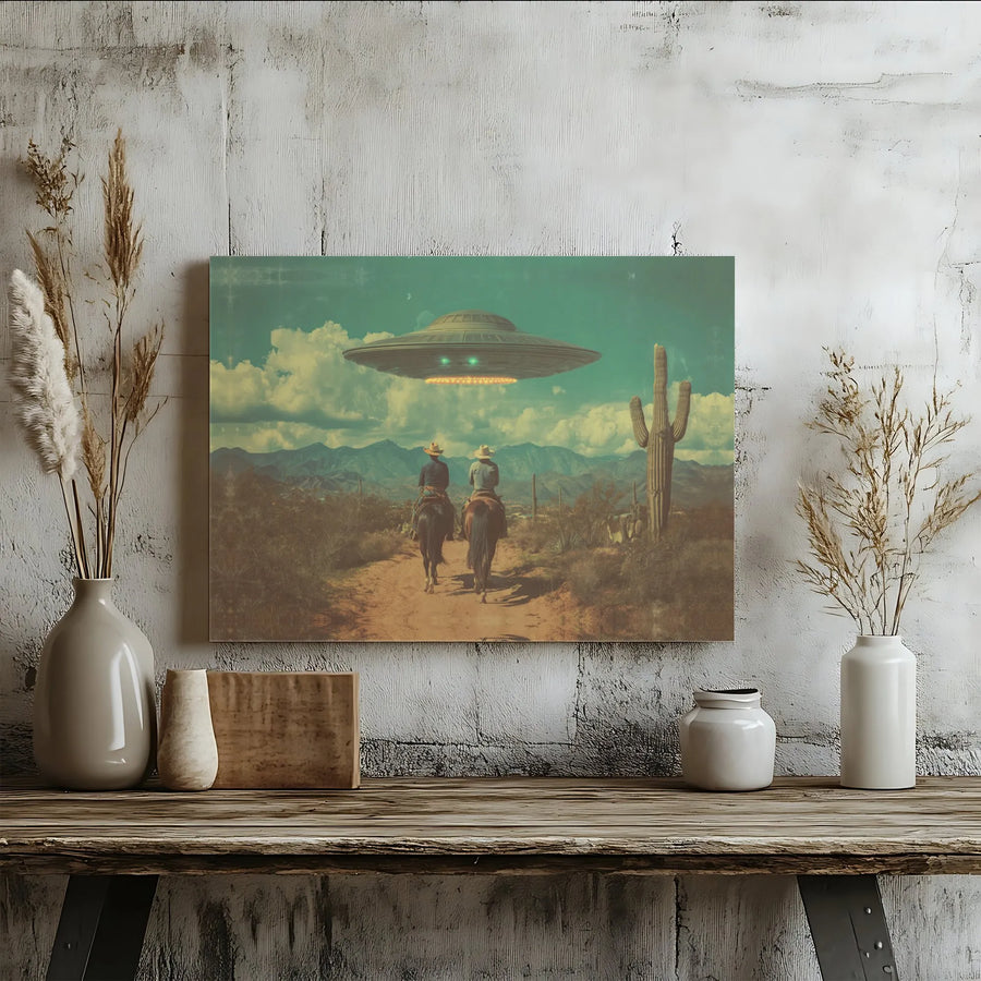Cowboy Alien UFO Canvas Print | Surreal Desert Landscape Wall Art | Premium Gallery Wrap Decor | Unique Sci-Fi Gift for Men and Women