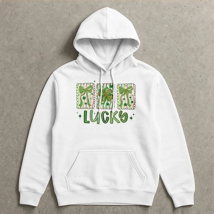 Lucky Shamrock Hoodie | Coquette Bow St. Patricks Day Graphic | Premium Cotton Blend | Cute Irish Clover Gift For Her