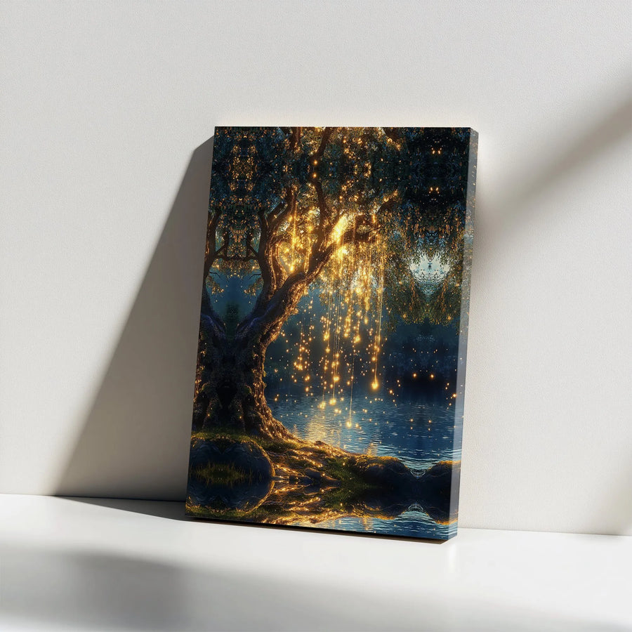 Enchanted Tree Canvas Art | Cascading Golden Fairy Lights Over Water | 1.25 Inch Gallery Wrap | Magical Forest Wall Decor for Living Room