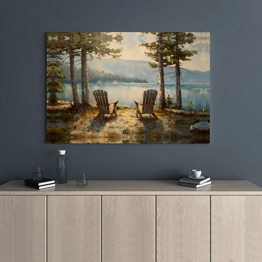 Lakeside Adirondack Chairs Canvas Print | Rustic Nature Landscape Wall Art | Premium 1.25" Gallery Wrap | Calming Home Decor Gift