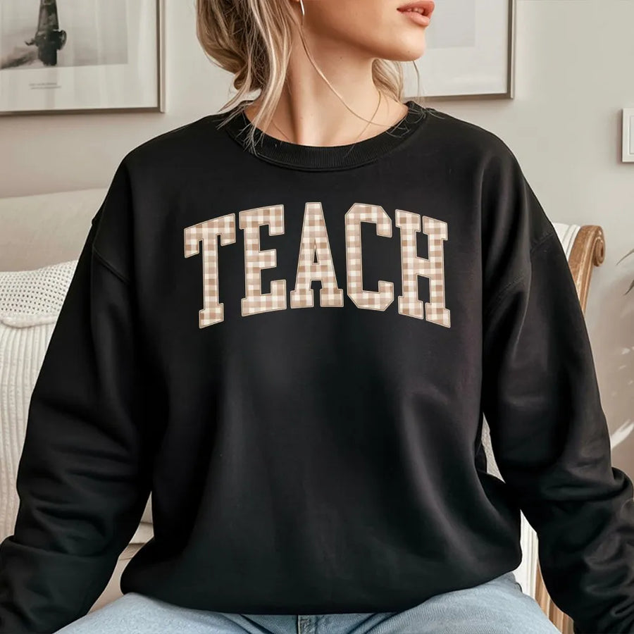 Teacher Sweatshirt | Gingham Lettering | Premium Cotton Blend Crewneck | Cute Teacher Gift for Back to School