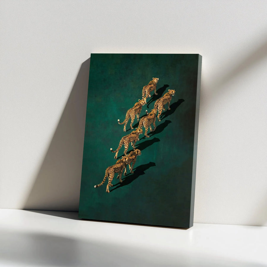 Cheetah Canvas Wall Art | Modern Walking Big Cats on Emerald Green | Premium Thick Gallery Canvas | Collector's Wildlife Art for Living Room