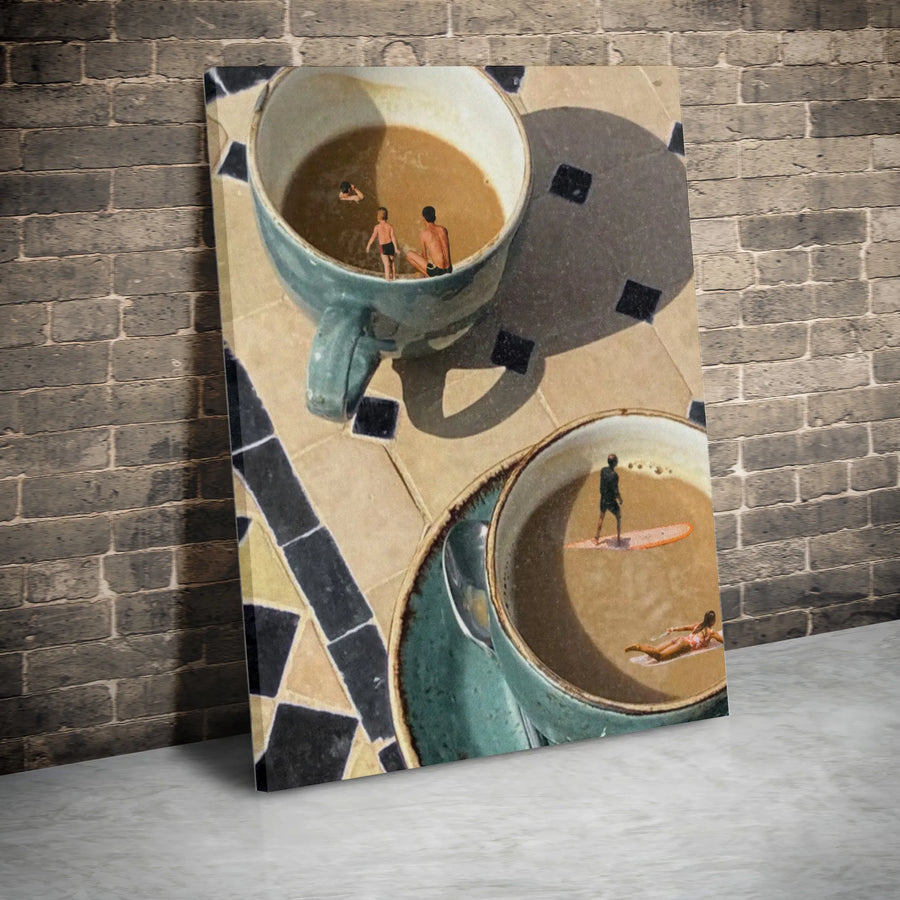 Surreal Coffee Cup Surfing Canvas Art | Whimsical Miniature People Wall Decor | Premium Gallery Wrapped Canvas | Unique Kitchen Decor Gift for Coffee Lover