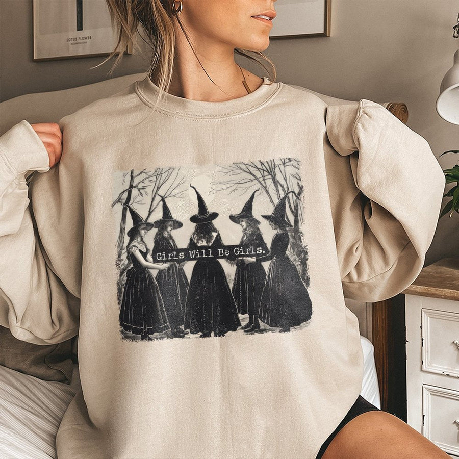 Girls Will Be Girls Witch Sweatshirt | Vintage Aesthetic Gothic Design | Premium Cotton-Poly Blend | Cozy Halloween Gift for Women