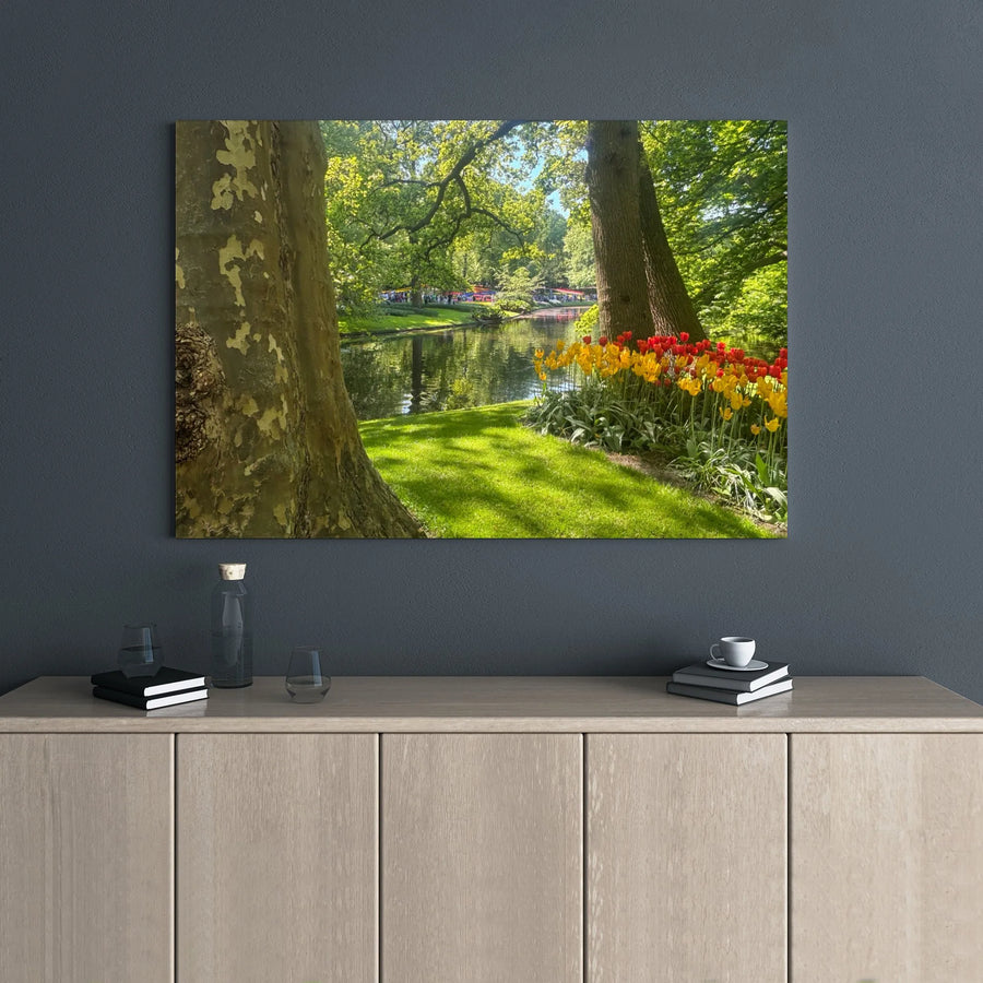 Spring Park Landscape Canvas Print | Red and Yellow Tulip Garden Wall Art | 1.25 Inch Gallery Wrap | Botanical Home Decor for Living Room