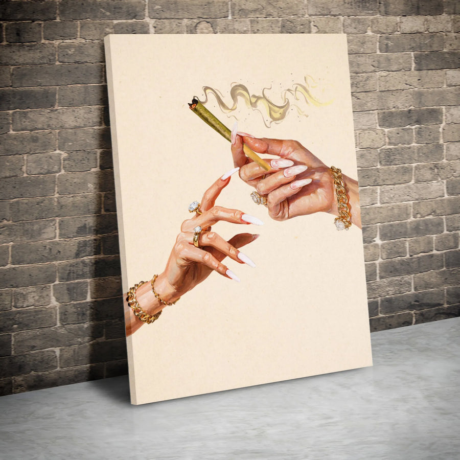 Stoner Aesthetic Wall Art | Chic Hands With Gold Jewelry And Nails Passing Blunt | Gallery-Quality Canvas Print | Premium Home Decor Gift