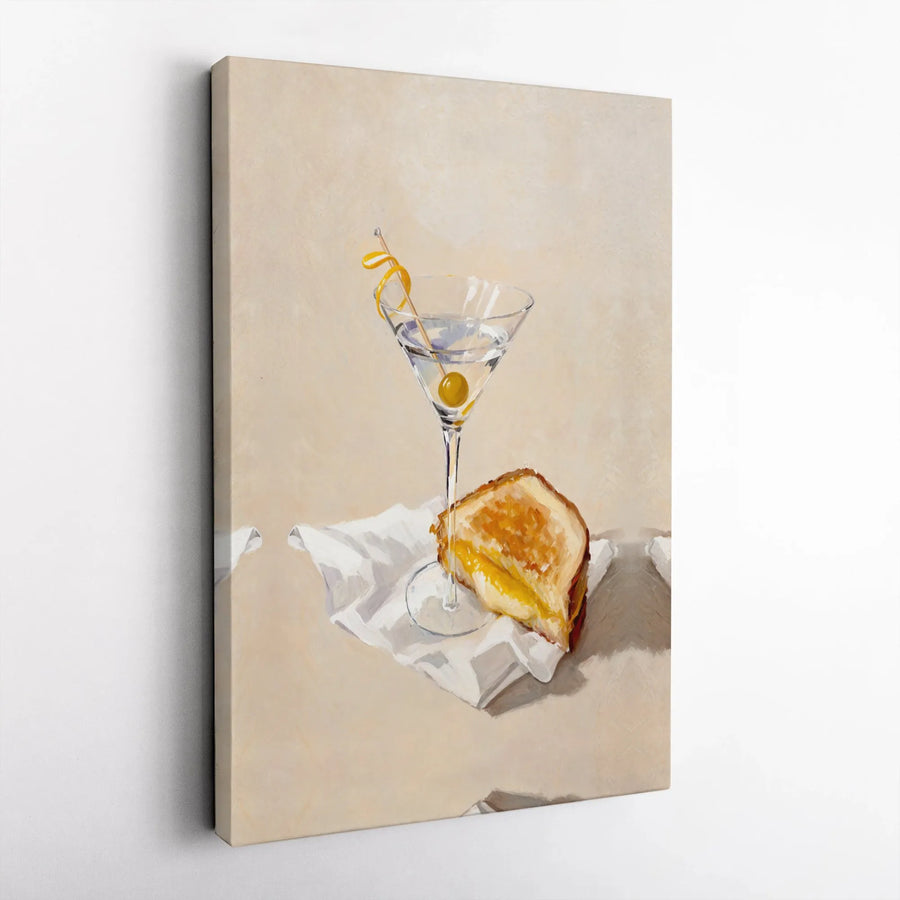 Martini and Grilled Cheese Canvas Print | Aesthetic Foodie Kitchen Wall Art | Premium Gallery Wrap Decor | Unique Gift for Bar Cart Enthusiasts